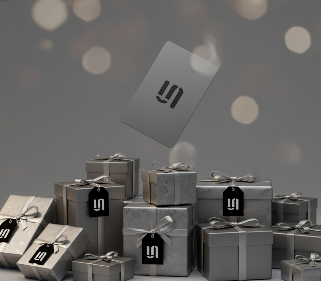 Stack of silver gift boxes with black tags and a blurred background