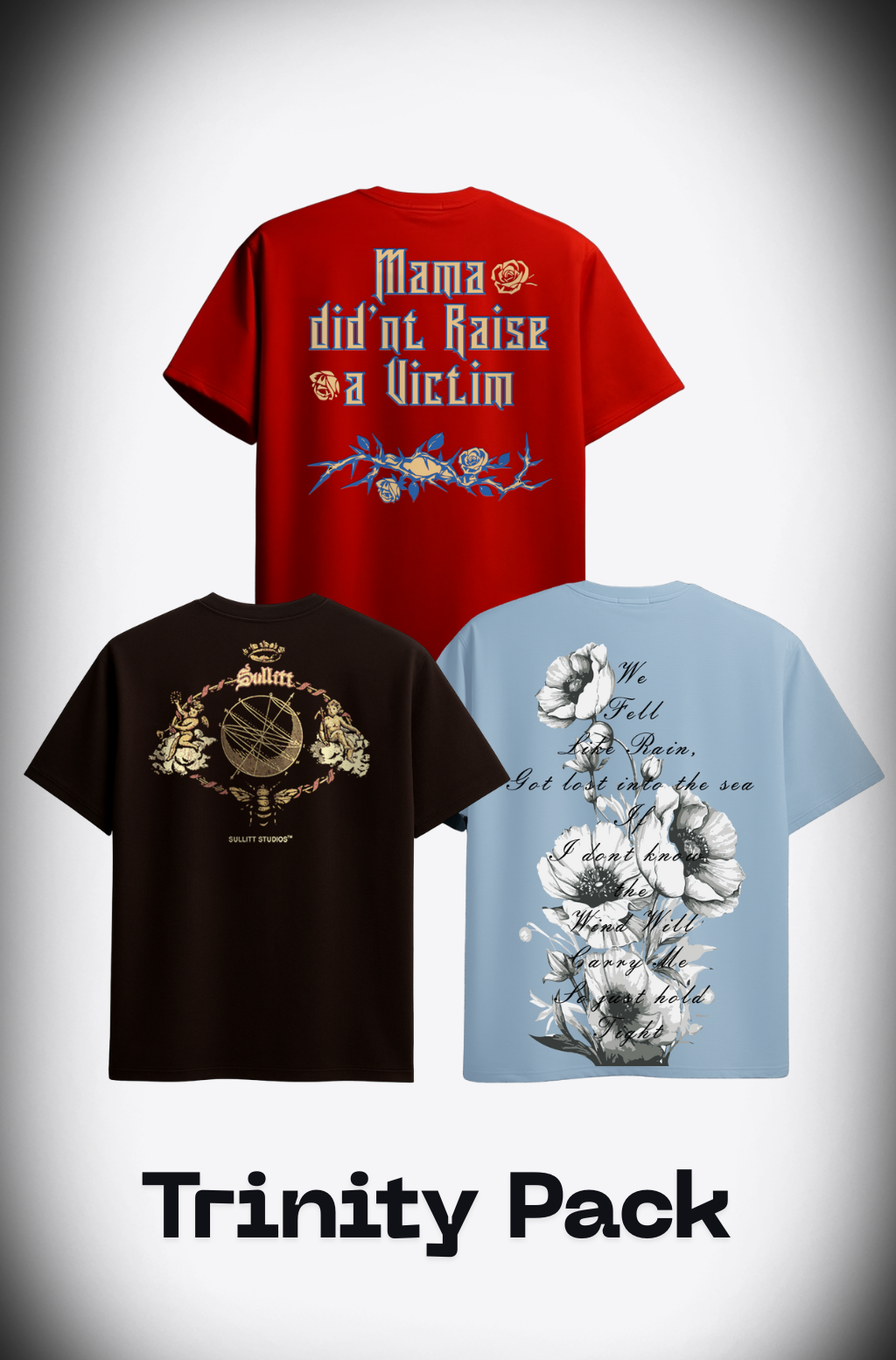 SET OF 3 Orng MAMA, Dark Brown Angel Tee, Blue Blossom Rain Flower Tee