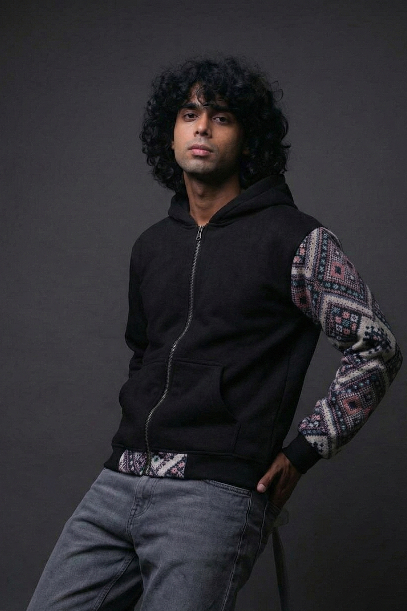 One Sleeve Jacquard Hoodie